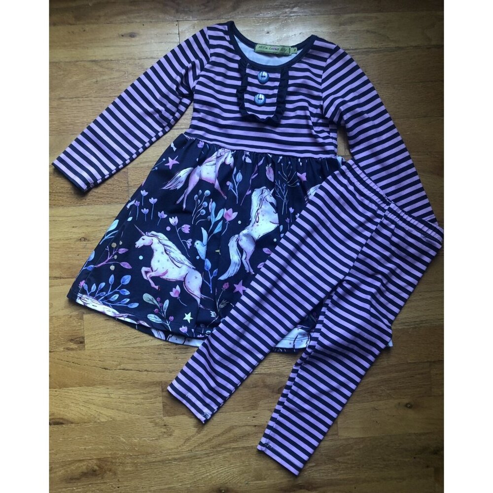 Millie Loves Lily Size 3 Unicorn 2 Button Dress & Striped Leggings Set